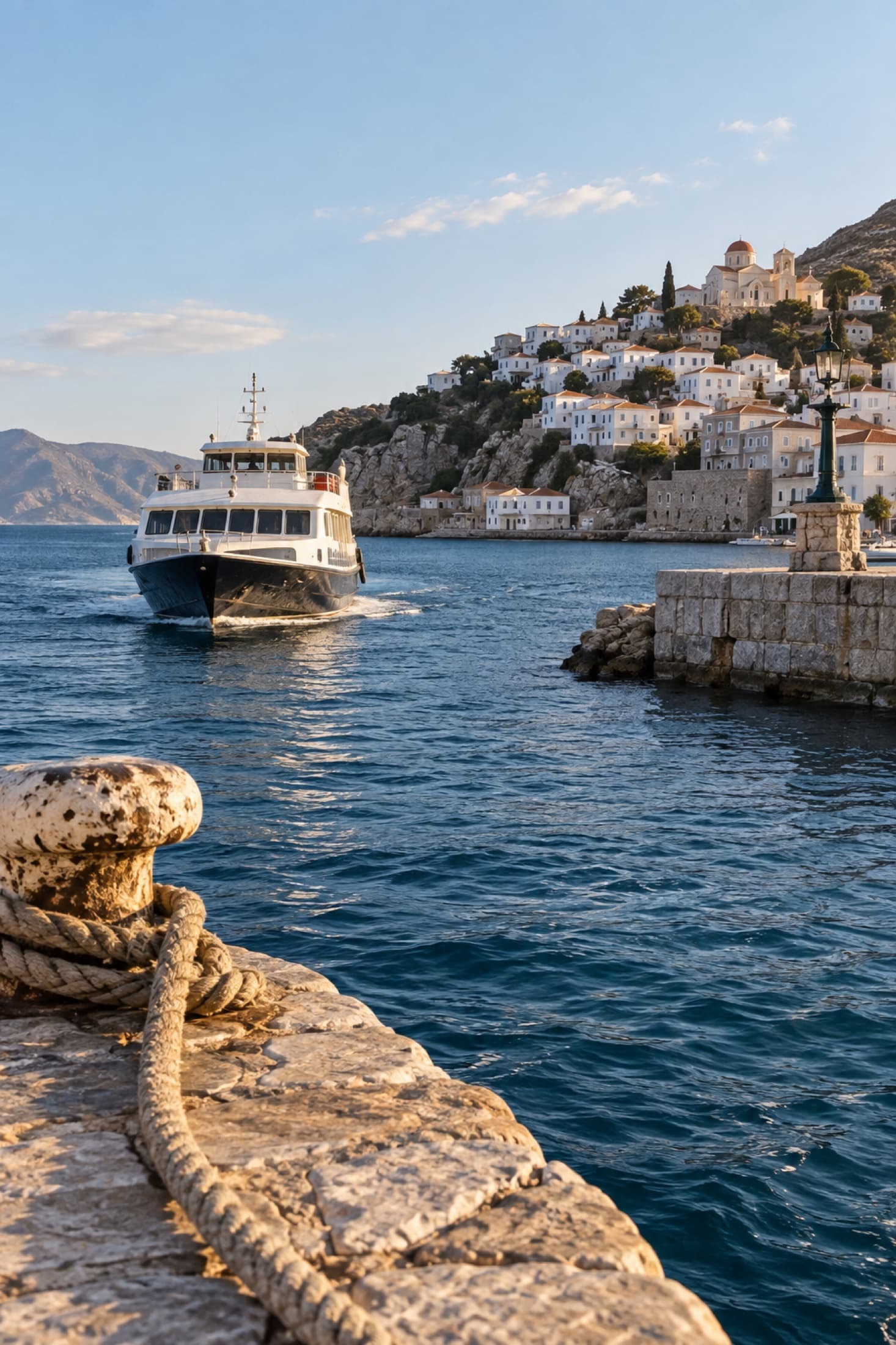 Passenger ferry approaching a Mediterranean island harbor
