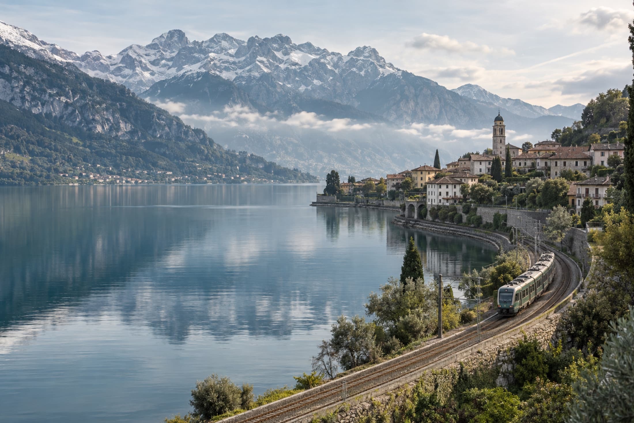 Alpine lake, historic town, and regional train following the shoreline